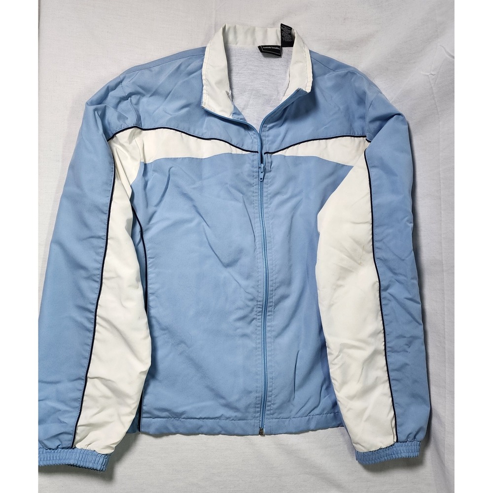 Bobbie Brooks Womens Large Light Blue White Full Zip Wind Jacket Coat Longsleeve